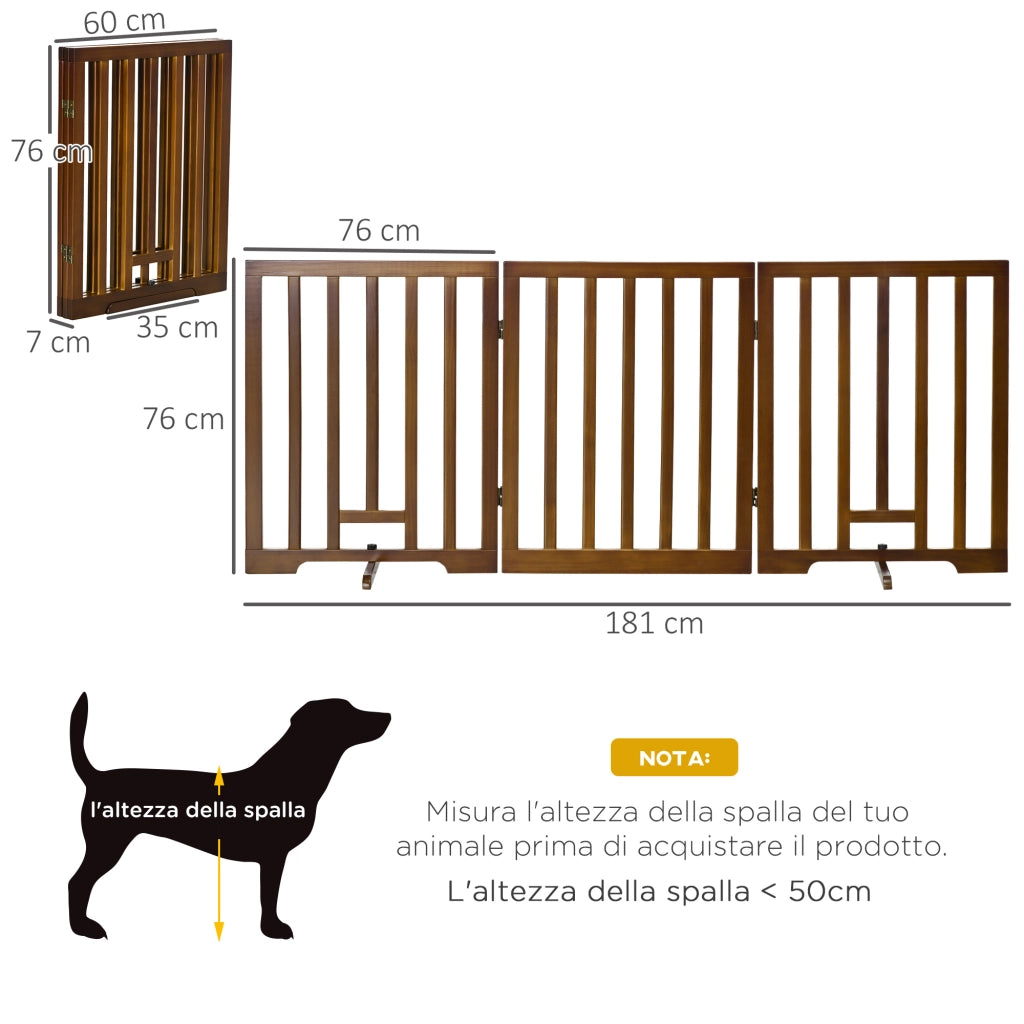 EasyComfort Cancellino per Cani Pieghevole a 3 Pannelli con Piedini Antiscivolo per Corridoi, Scale e Stanze, in Legno di Pino, 181x35x76 cm, Marrone Scuro