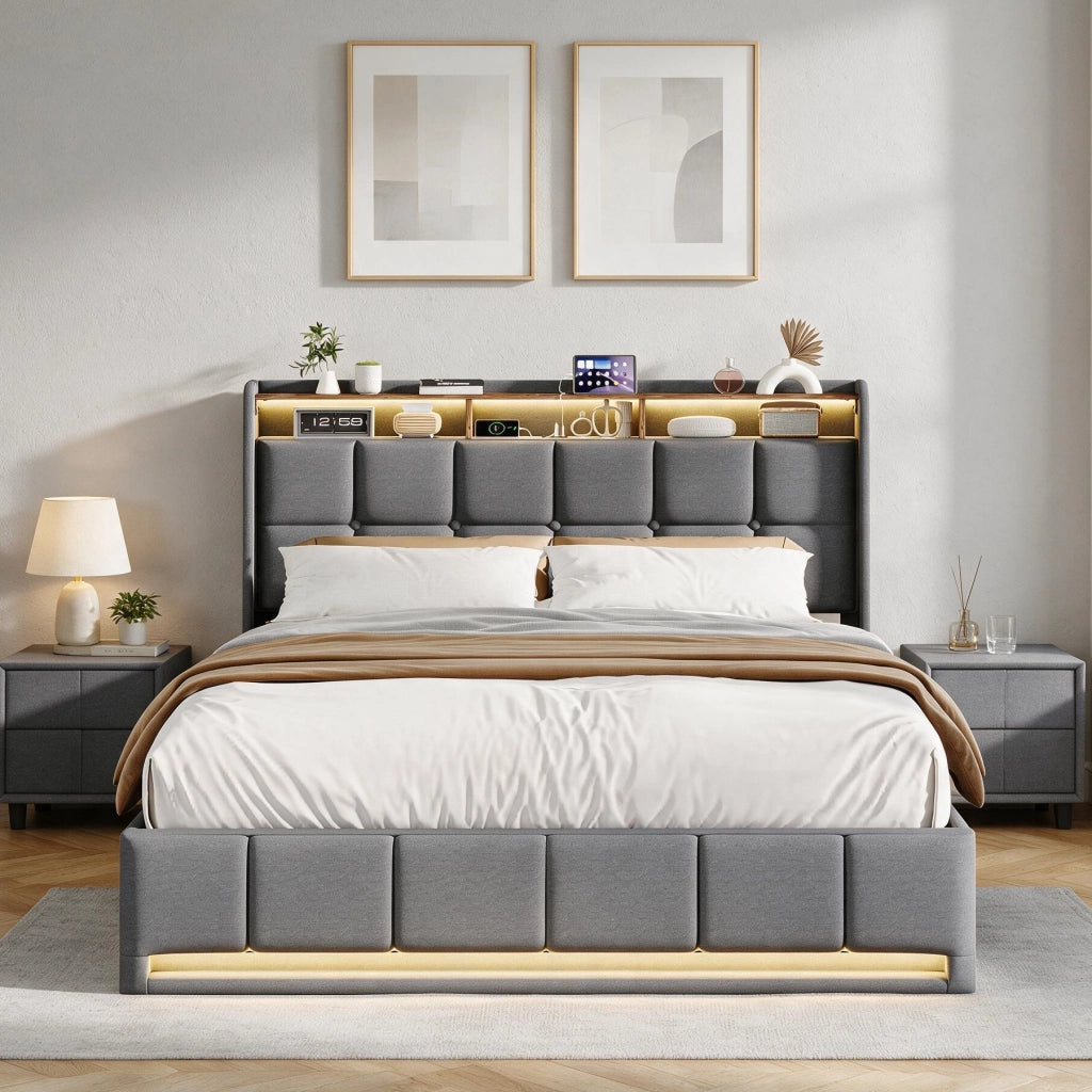Letto una piazza e mezza 140x200 cm con contenitore LED USB testiera con mensola rete a doghe in lino - grigio
