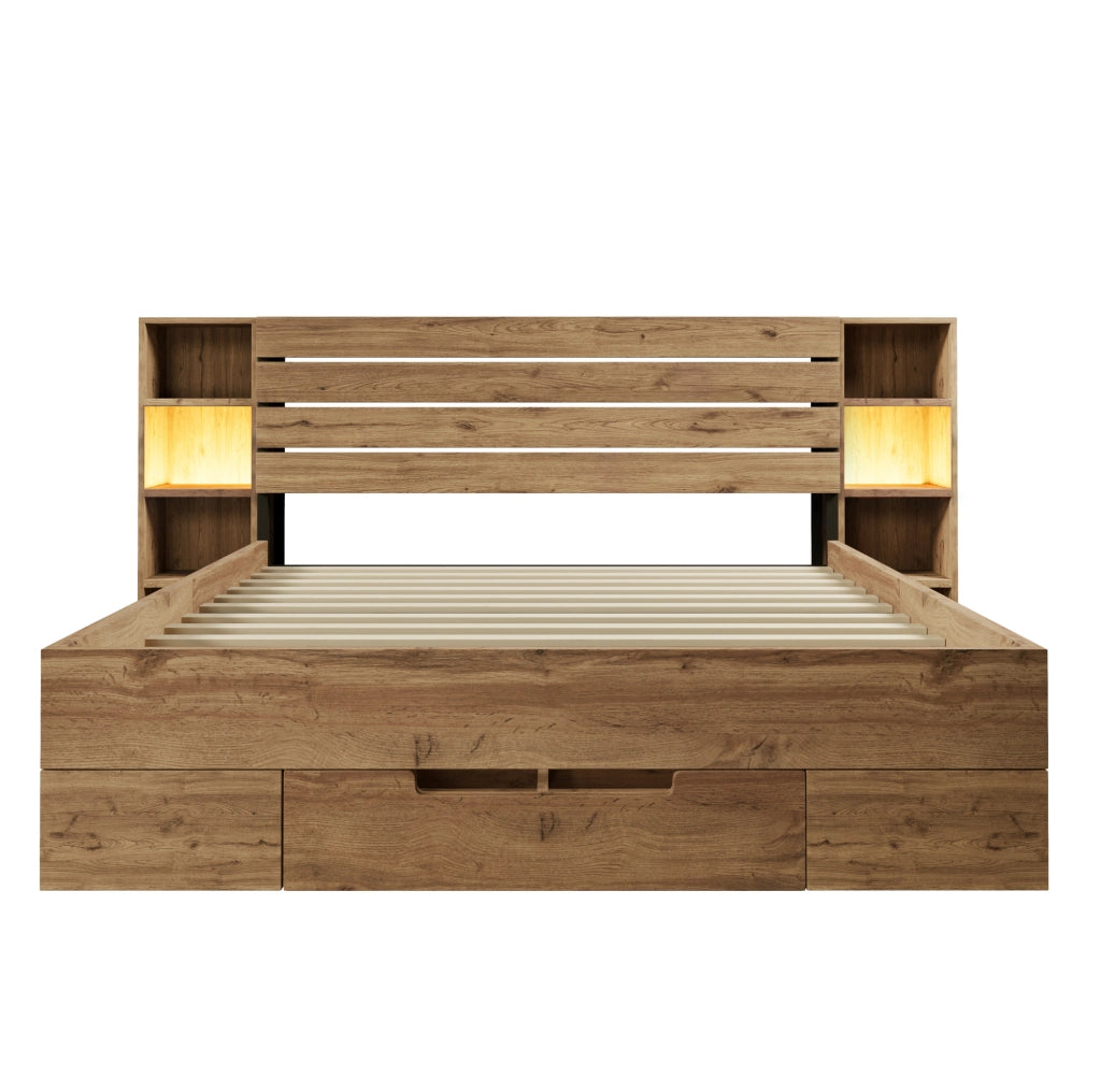 Letto matrimoniale 160x200 cm in legno e metallo; con LED; prese USB e Type-C; finitura rovere