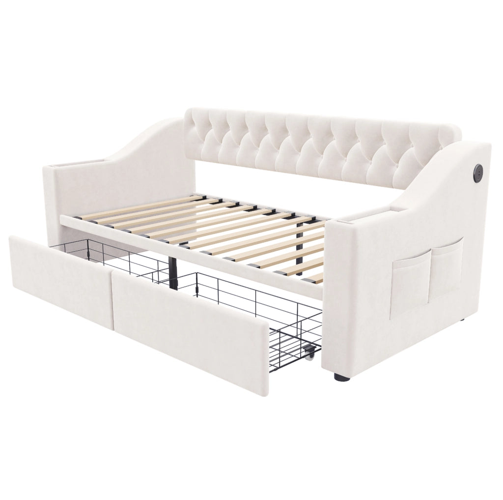Divano letto imbottito 90x190 cm in velluto beige con cassetti contenitore e porte USB