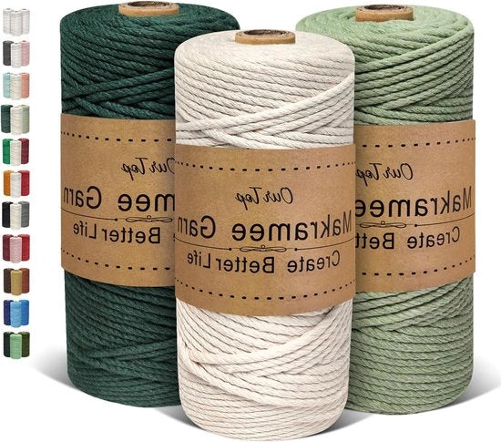 Set di Corda per Macramè 3 mm x 100 m a 3 pezzi per decorazione artigianale di intrecciatura di piante e appendiporta (Verde chiaro Verde scuro)
