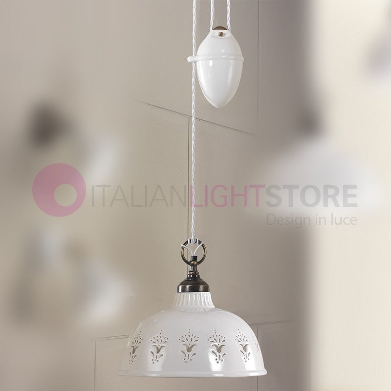 MASSERIA Lampadario Saliscendi in Ceramica e Ottone Rustico Country