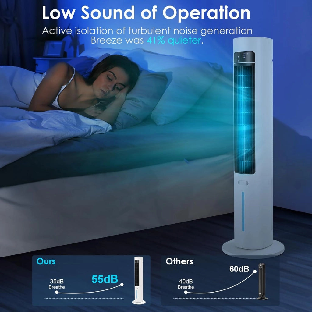 Ventilatore a torre con diffusore di aromi, telecomando a 3 livelli, con raffreddamento ad acqua, oscillazione 50°, timer 12 ore e modalità sleep per ufficio/casa, ventilatore silenzioso da
