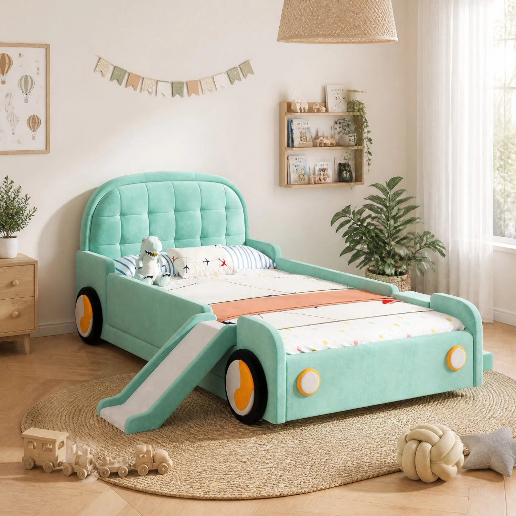 LETTO Auto con scivolo e scala 90x200 cm Velluto Blu-verde