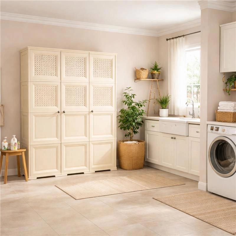 ARMADIO 3 ANTE ANGORA 118X43X164 CM CON PUNTALI, ANTE TRAFORATE E VANO PORTASCOPA – MOBILE ALTO ORGANIZZAZIONE CASA PER INGRESSO E LAVANDERIA