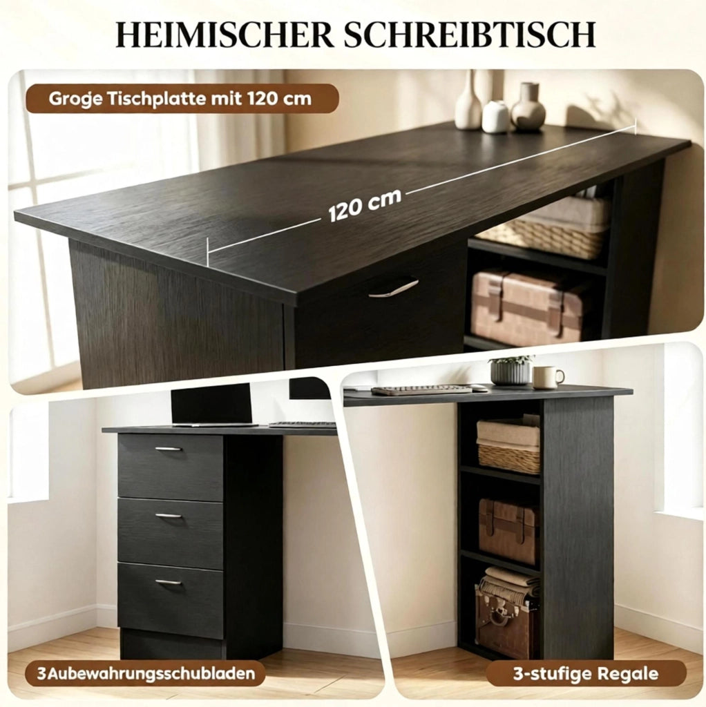 Scrivania per computer in MDF nero con 3 ripiani e 3 cassetti, 120x49x72 cm