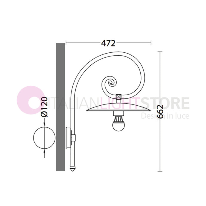 TORRIOLA Lanterna a parete L. 47 Applique per Esterno Piatto d.36 braccio pastorale