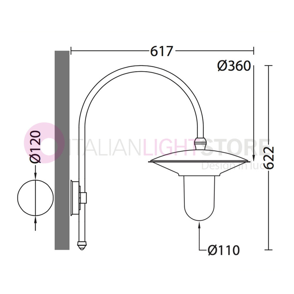 PATIO Lanterna a parete L. 61 Applique per Esterno Piatto d.36 e diffusore in policarbonato opale