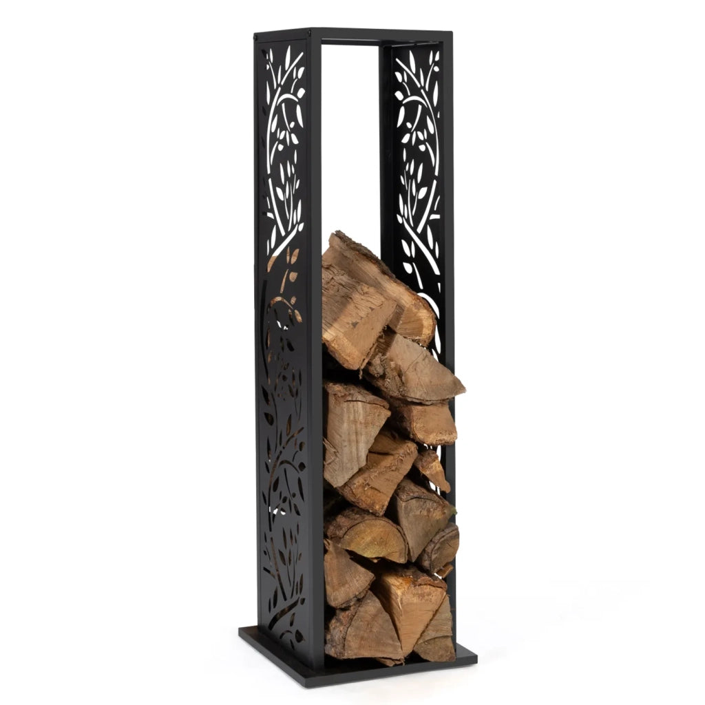 IDMarket - Leñero vertical de acero negro con motivo de árbol H.112 cm