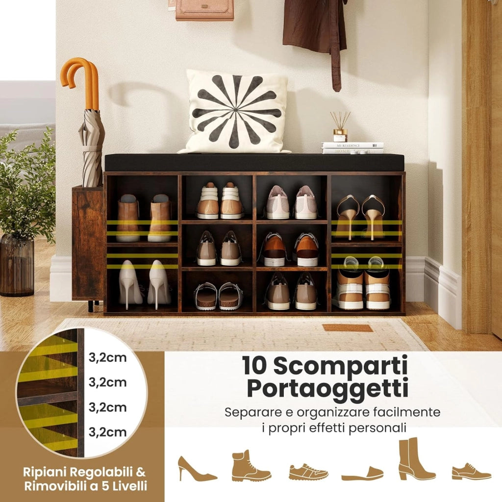 Panca Porta Scarpe con Portaombrelli, Scarpiera da Ingresso a 10 Scomparti con Seduta Imbottita, Ripiani Regolabili e Removibili per Corridoio, Soggiorno e Camera da Letto (Marrone)