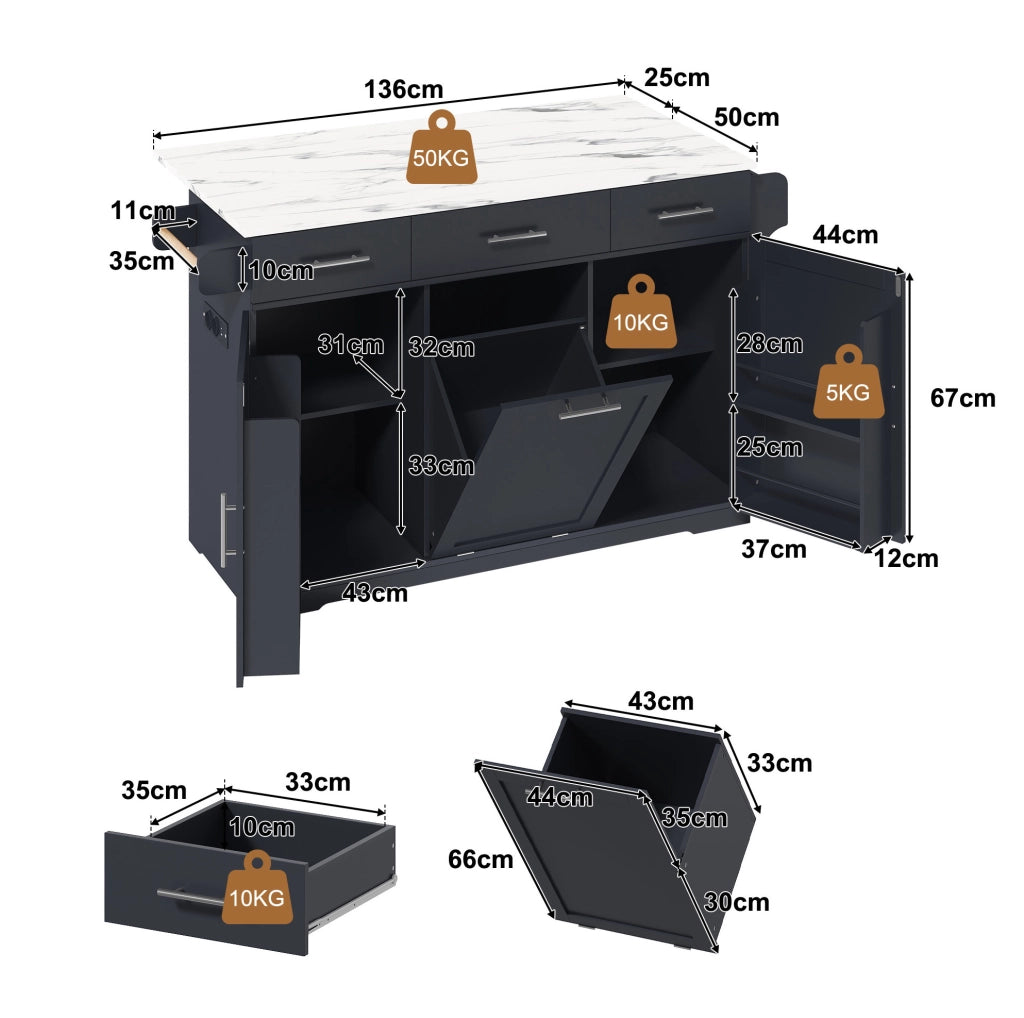 Isola cucina mobile con piano ribaltabile 136x50(75)x92 cm; grigio in MDF