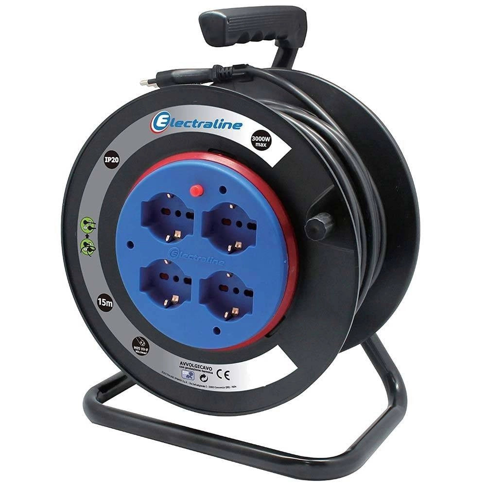 Trade Shop - Prolunga Elettrica Cavo 15 Mt Avvolgicavo 4 Prese Schuko Polivalenti Spina 16a -