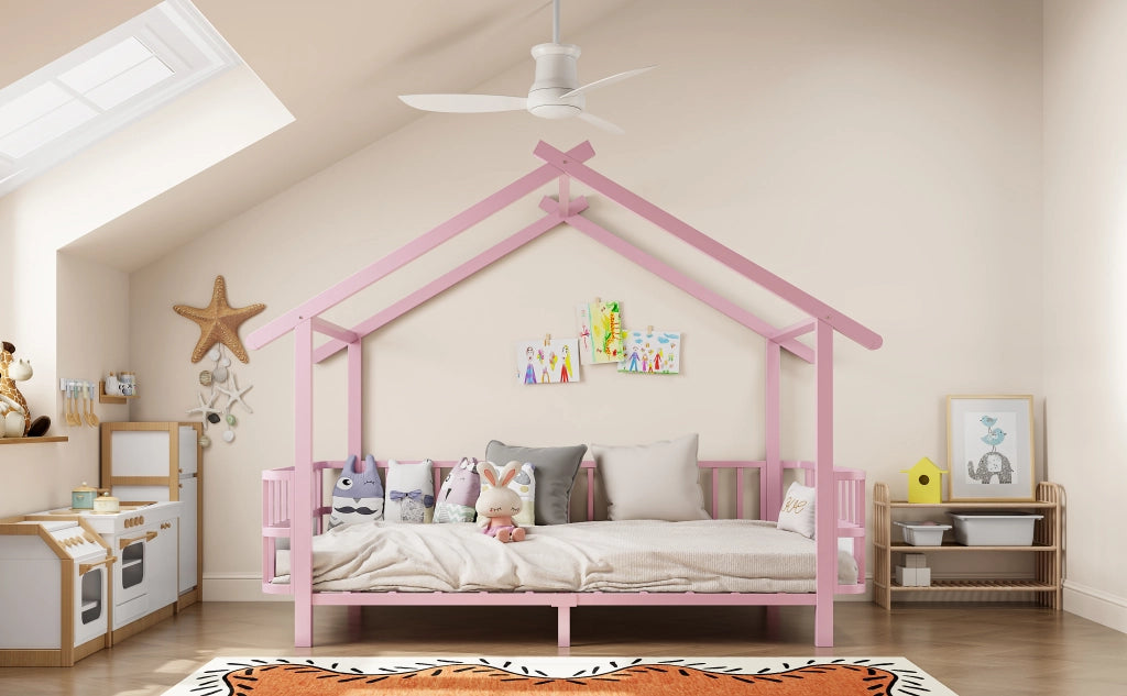 Letto per bambini 90 × 200 cm con barriera di sicurezza e tetto, senza materasso, in metallo, rosa