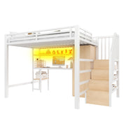 Letto a Soppalco 140x200 cm con Scrivania; Armadio; Mensola LED; Scala - Bianco