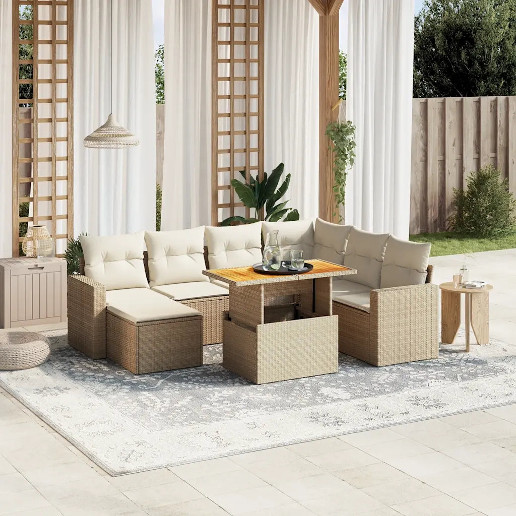 Set Divano da Giardino 8 pz con Cuscini Beige in Polyrattan
