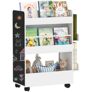 Libreria per Bambini 3-8 Anni a Due Lati, Scaffale Portagiochi con Ruote e Lavagna Nera, Bianco