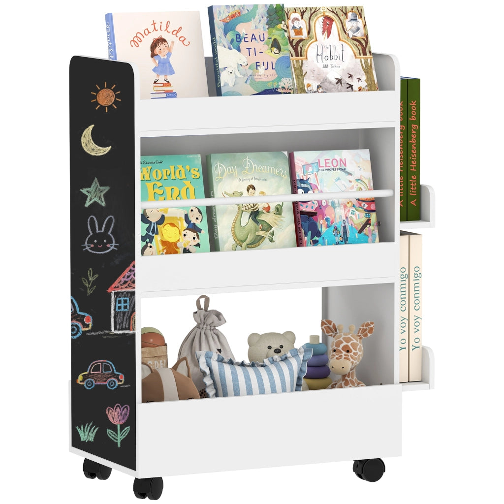 Libreria per Bambini 3-8 Anni a Due Lati, Scaffale Portagiochi con Ruote e Lavagna Nera, Bianco