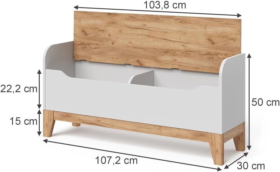 Cassapanca per giocattoli Malia, Bianco/Artisan, 107.2 x 50 cm con sedile, con spazio contenitivo e combinabile con altri mobili Malia