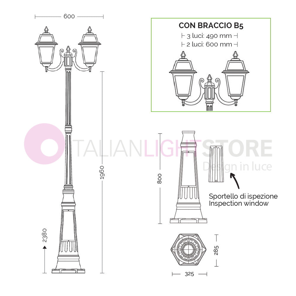 ARTEMIDE ANTRACITE Lampione h. 238 a 2 luci per Esterno Classico Lanterne Quadrate