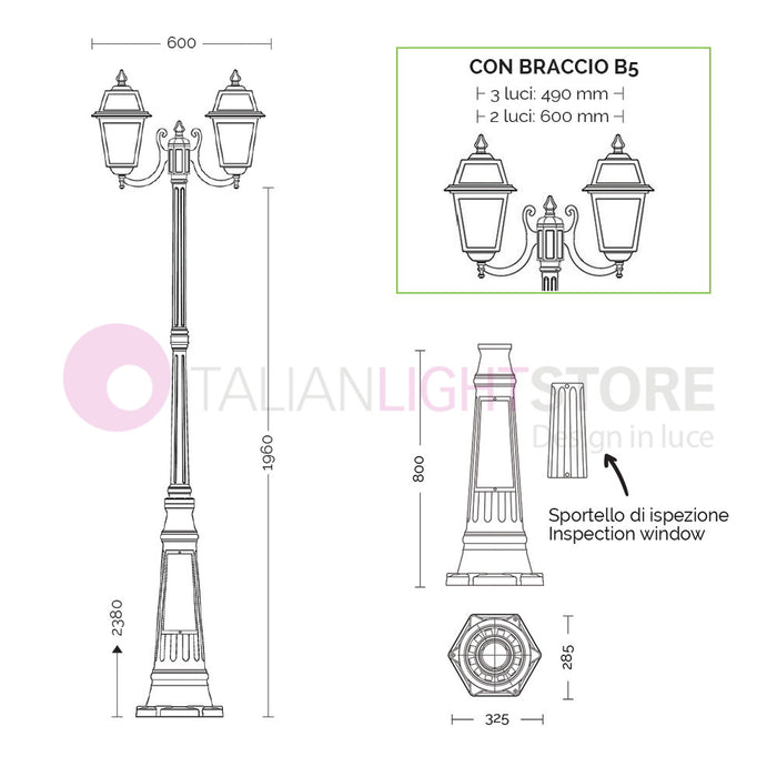 ARTEMIDE ANTRACITE Lampione h. 238 a 2 luci per Esterno Classico Lanterne Quadrate