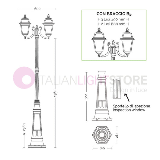 ARTEMIDE ANTRACITE Lampione h. 238 a 3 luci per Esterno Classico Lanterne Quadrate