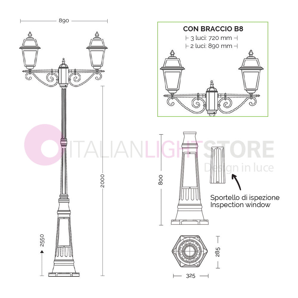ARTEMIDE ANTRACITE Lampione h. 255 a 2 luci per Esterno Classico Lanterne Quadrate