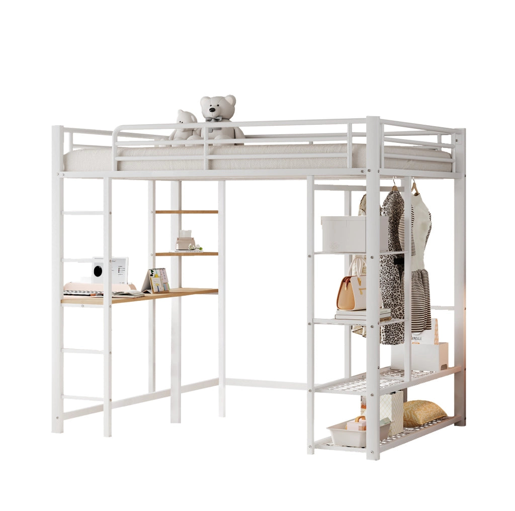 Letto a soppalco in metallo bianco 140x200 cm con scrivania; armadio e ripiani