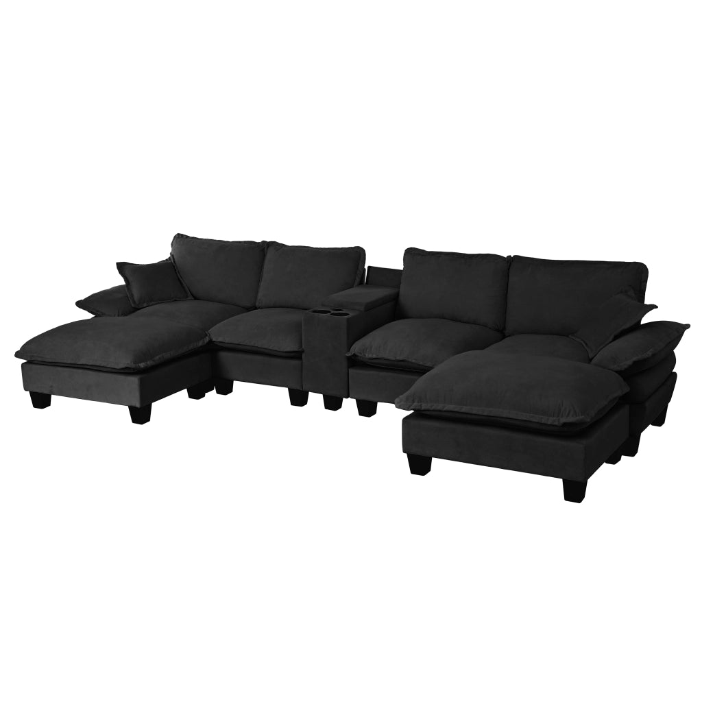 Divano panoramico a U modulare con contenitore; USB e portabicchieri in chenille - nero 362×151×90 cm