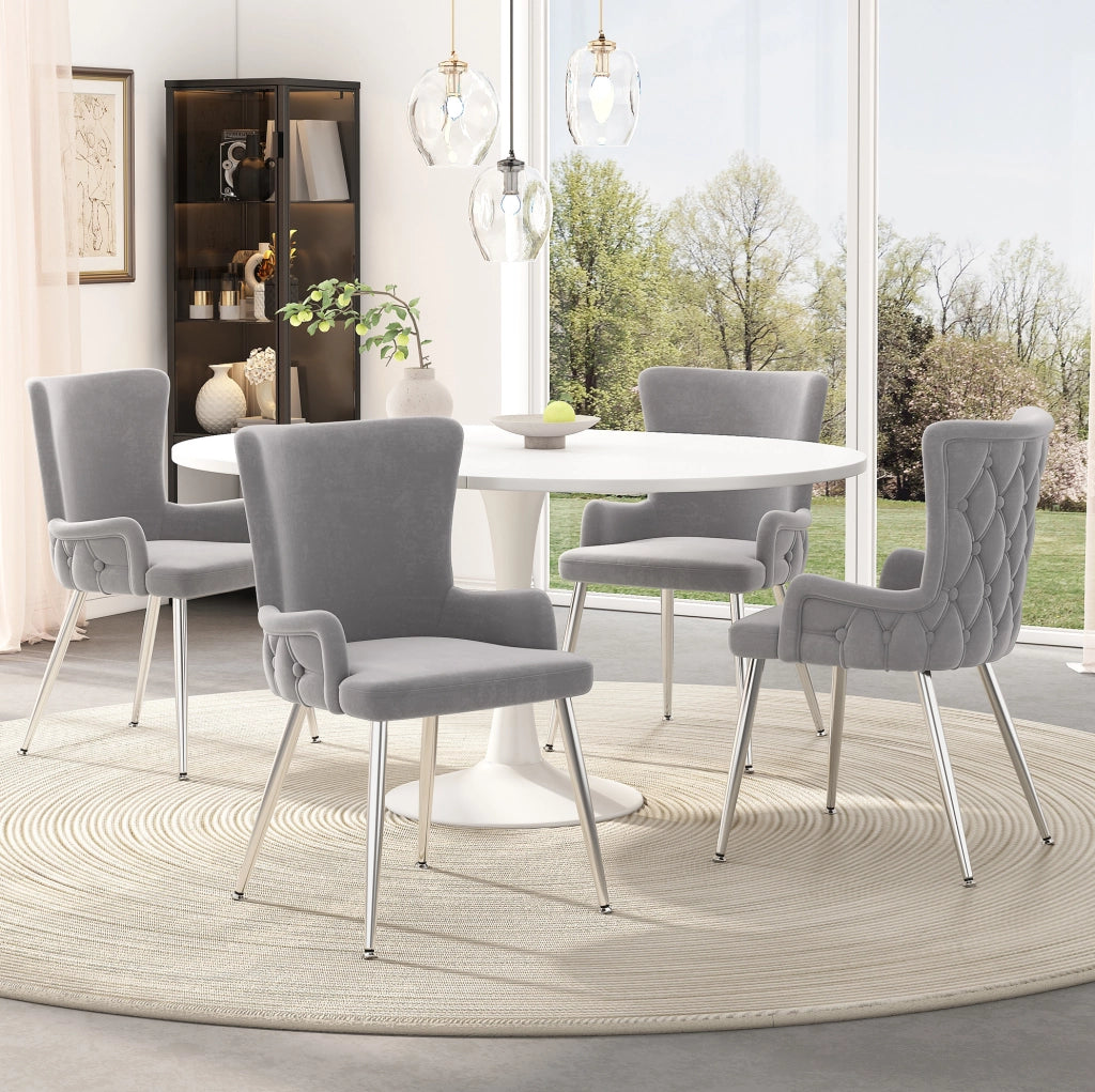 Set di 4 sedie in velluto con gambe in metallo; design moderno; grigio e argento