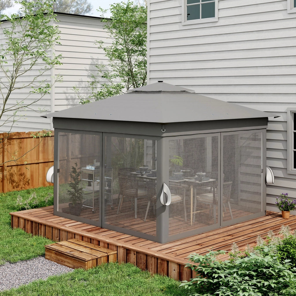 Gazebo da Giardino con Luci LED 336x336x250-270 cm in Acciaio e tessuto Oxford Grigio