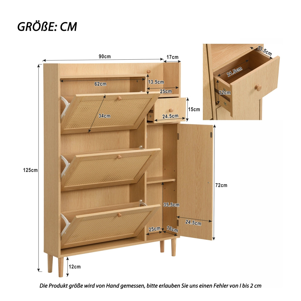 Scarpiera con 3 Ante a Ribalta e 1 Cassetto; con Gambe in Legno Massello; in MDF; 90×17×125 cm; Naturale