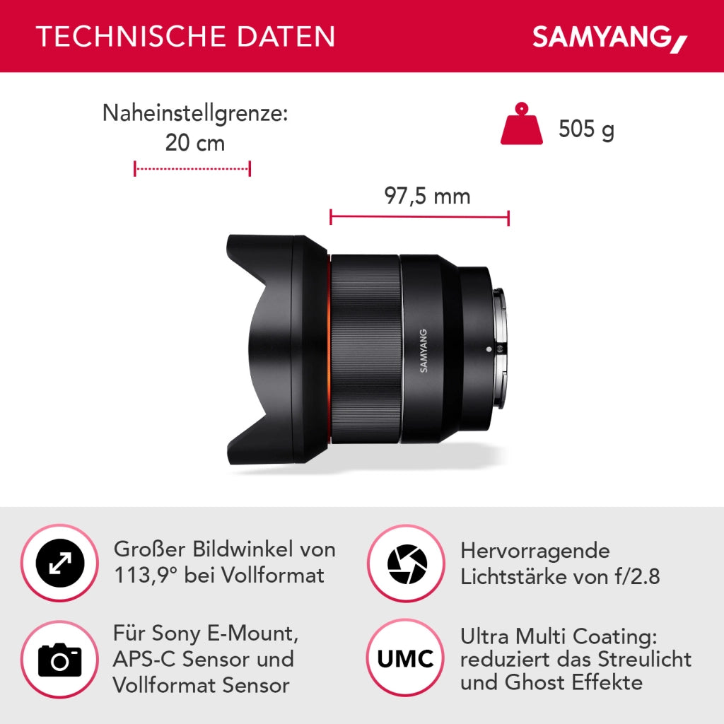 Obiettivo fotografico grandangolare AF 14mm F2,8 compatibile con Sony FE, ultra autofocus con lunghezza focale fissa, per fotocamere mirrorless full-frame e APS-C con attacco E mount