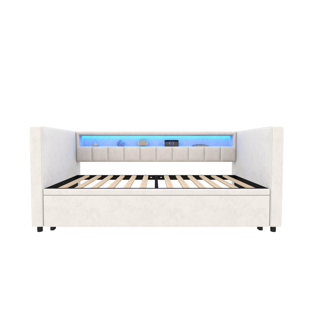 Divano letto estraibile in velluto beige 90x190 cm con LED; USB Type-C e contenitore