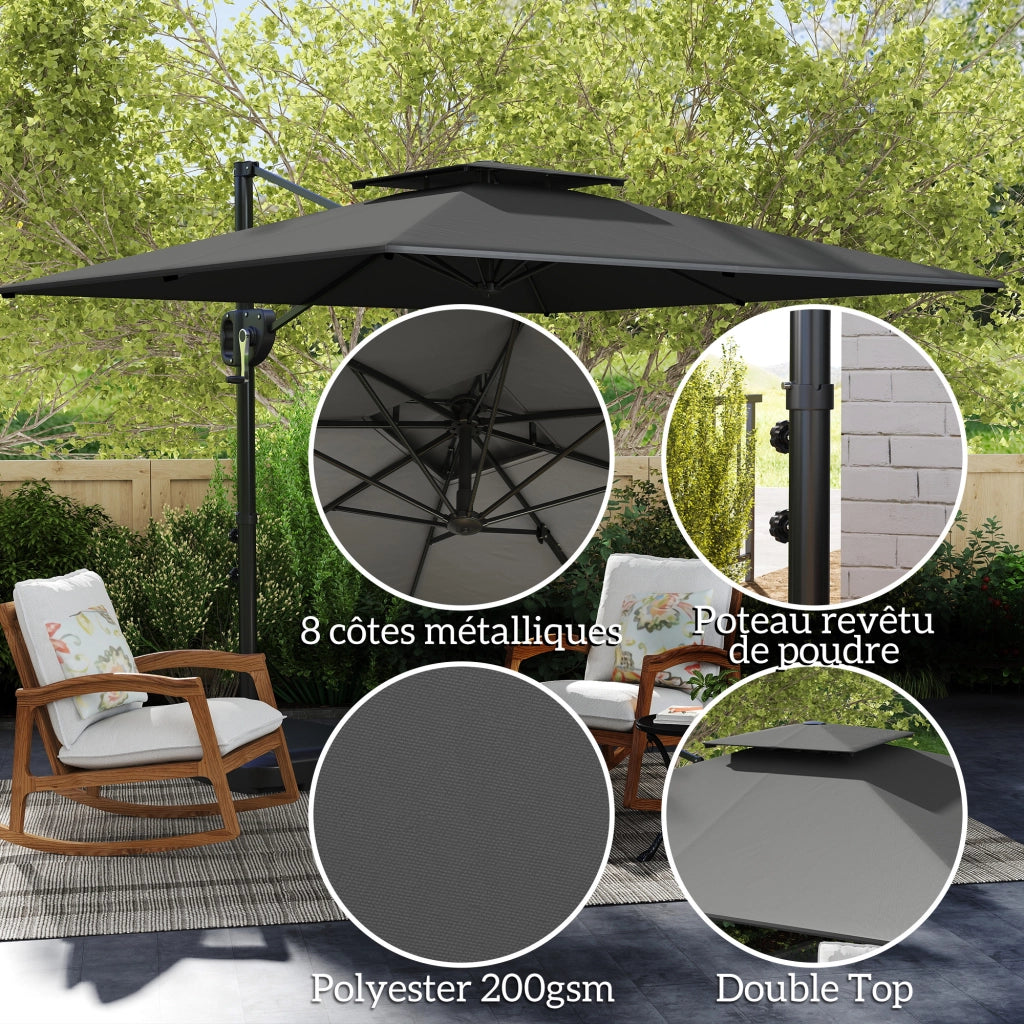 Parasol de'portato quadrato 2,5x2,5 m ¨C Zephmum ¨C Grigio scuro con manovella e 2 basi