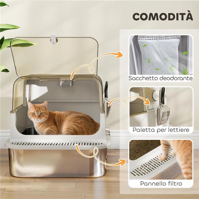 LETTIERA PER GATTI CHIUSA XXL IN ACCIAIO INOX, COPERCHIO APRIBILE A 90¦ E DOPPIE PORTE, 70X50X46.5 CM, GRIGIO