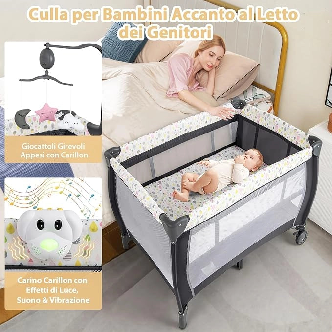 3 in 1 Lettino da Viaggio per Neonati, Lettino da Campeggio Portatile per Bambini con Culla e Fasciatoio Rimovibile, Materasso Rimovibile, per Bambini 0-36 Mesi (Colorato)