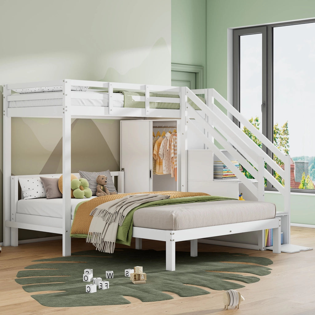 OKWISH Letto a Castello 90×200 cm e 140×200 cm, Letto 3 Posti con Armadio, Scala Contenitore e Mensole, senza Materasso, Bianco