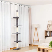 Cat Tree a Soffitto 5 Strati con Balanciere in Alta Regolabile - Centro di Attività per Gatti - Letto Cozy - Sfera Pendente - Grigio