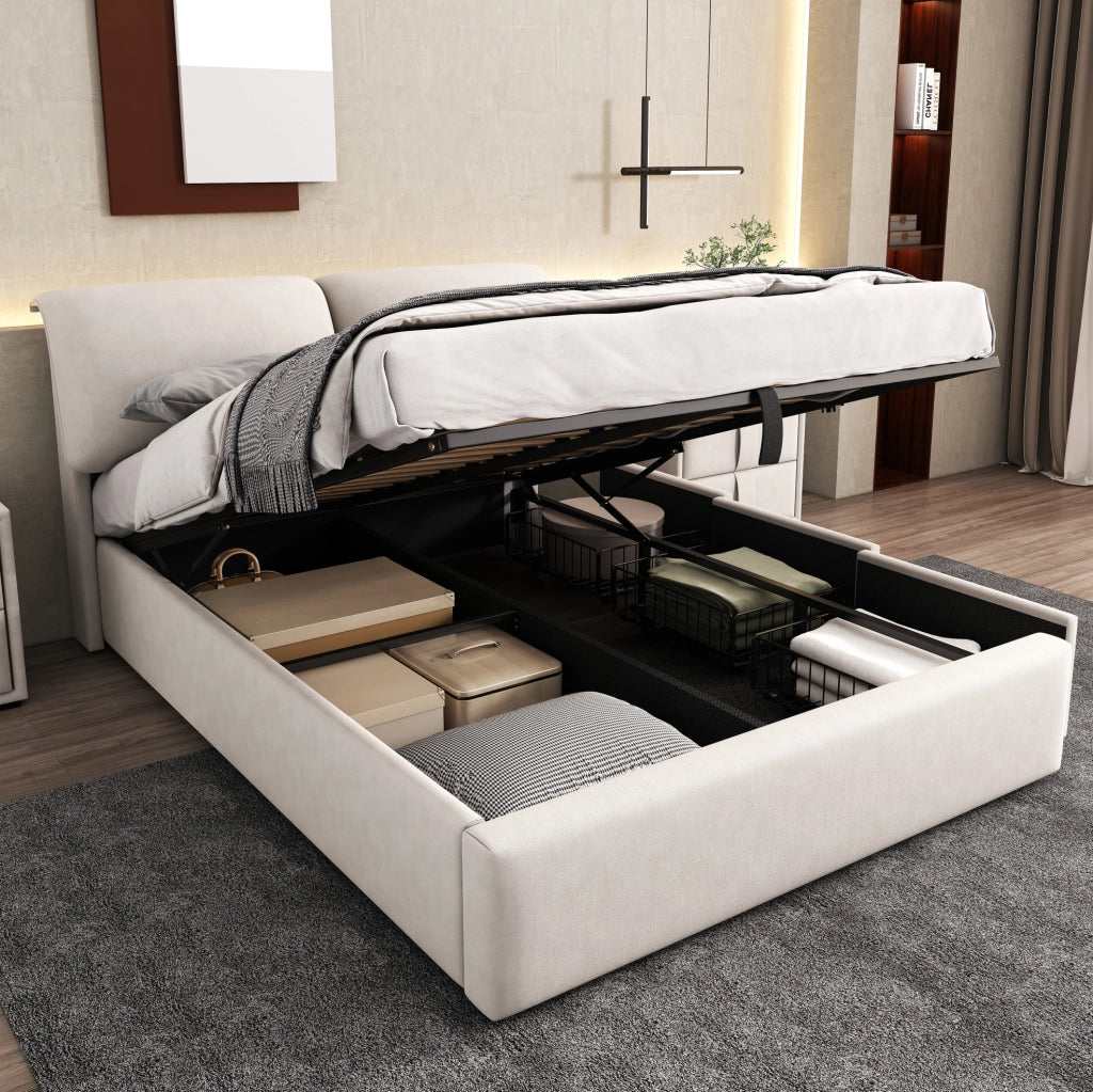 Letto imbottito 140x200 cm in velluto beige con 3 cassetti