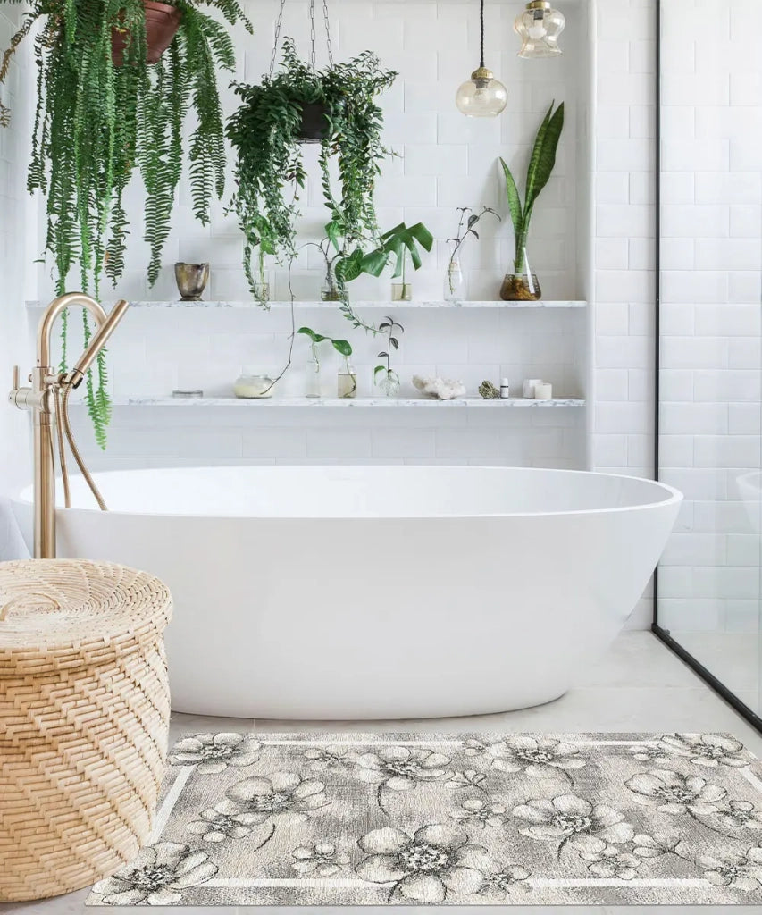 Tappeto moderno EMILY GRIGIO disegno floreale motivo fiorellini, passatoia cucina multiuso lavabile in lavatrice e anti-scivolo cm.55x280