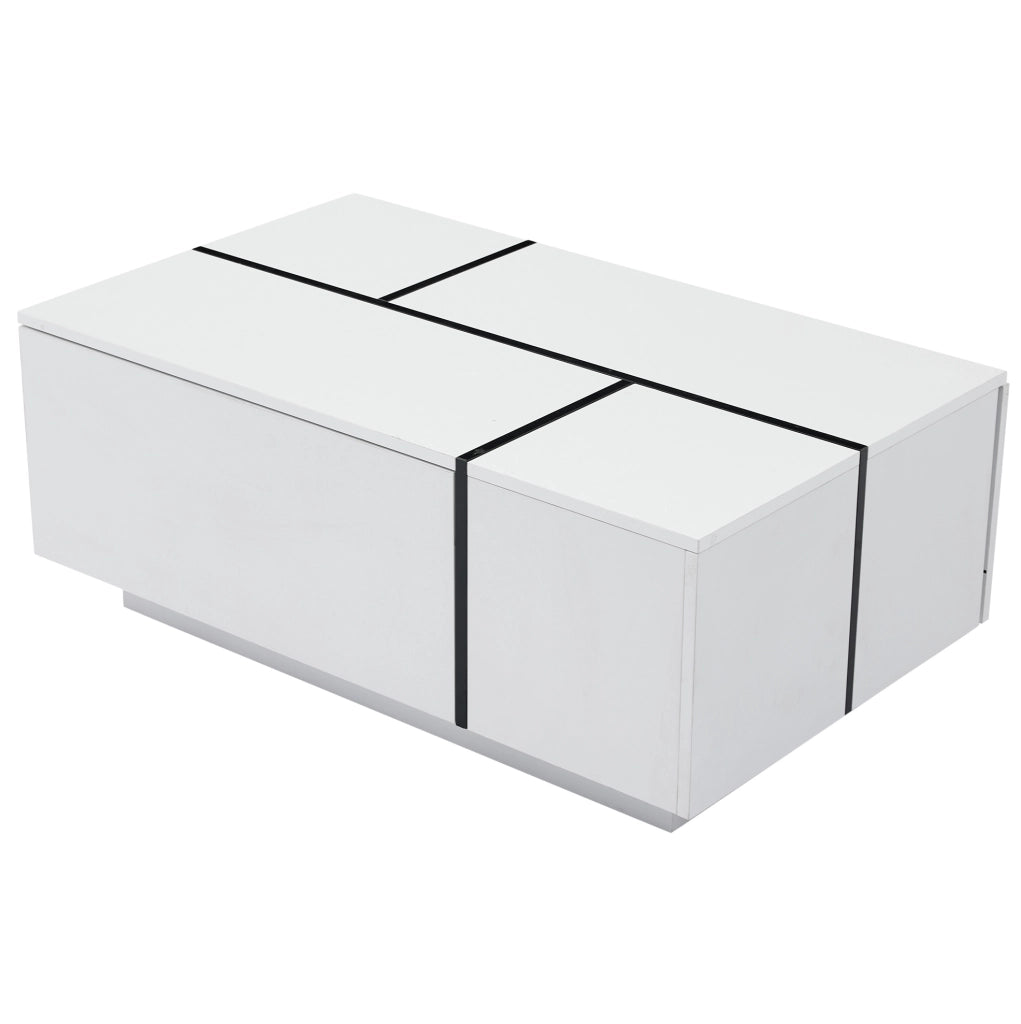 Tavolino da caffè 100x60x40 cm con 4 cassetti e piano lucido in truciolare bianco e nero