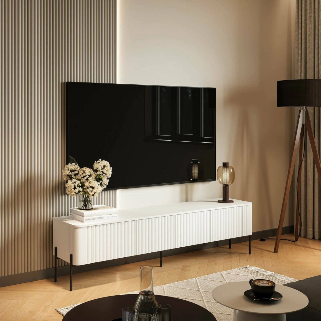 Mobile porta TV Brembana, Madia da salotto con quattro ante battenti, Rialzato da terra, 190x40 h50 cm, Bianco