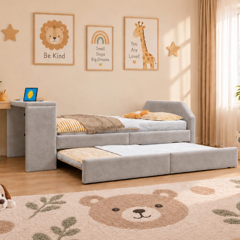 Letto imbottito per bambini 90x200 cm con scrivania, USB e letto estraibile in velluto grigio