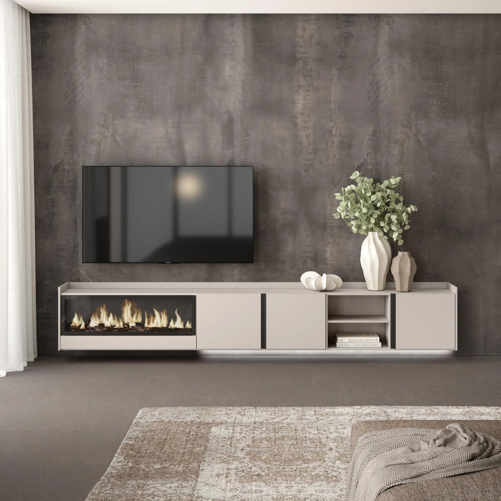 Mobile TV Soggiorno, 315x50x35 cm, Per TV fino a 80", Camino elettrico XXL, Sospeso, da appendere, LED, Beige