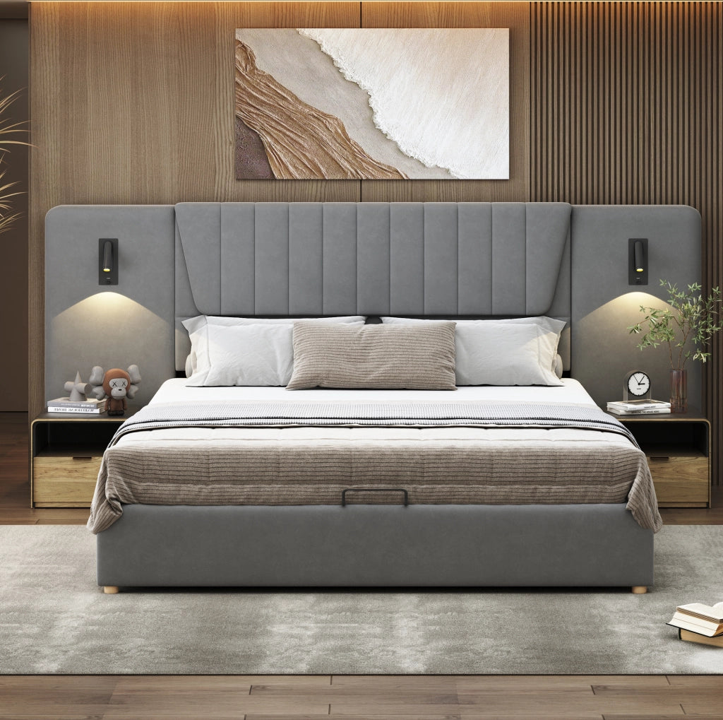 Letto imbottito 180x200 cm con testiera lunga; luci LED e USB; velluto grigio
