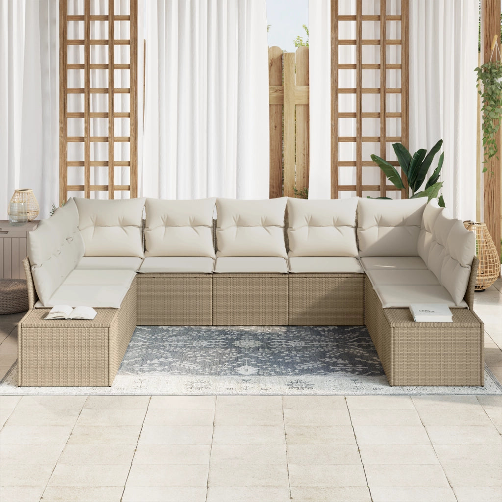Set Divano da Giardino di 9 Pezzi con Cuscini Beige in Poly Rattan