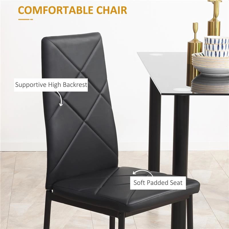 SET TAVOLO DA PRANZO CON 4 SEDIE, PIANO IN VETRO E SEDIE IMBOTTITE IN FINTA PELLE, NERO
