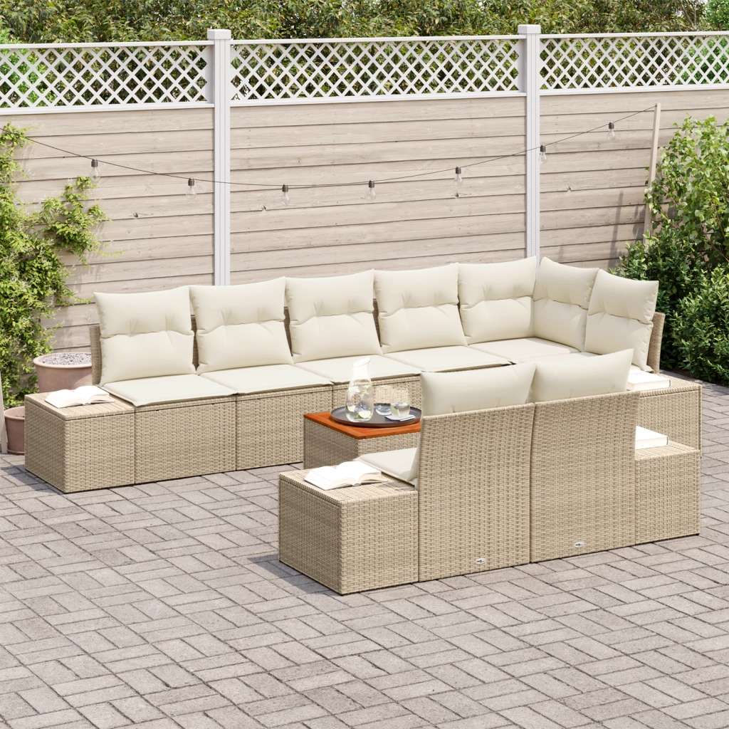 Set di Divani da Giardino a 9 Pezzi con Cuscini Beige Polyrattan Acacia