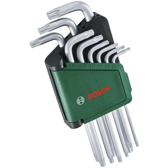 Set di chiavi Torx Bosch da 9 pezzi (chiavi multiple in acciaio S2 TX8-TX40, superficie antiruggine sul lato lungo, barra di stoccaggio)