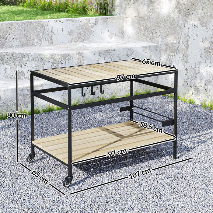 Carrello Portavivande da Giardino 107x65x80 cm Ripiano e Maniglia in Legno a Doghe e Acciaio
